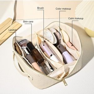 SOIDRAM Large Travel Cosmetic Bag Makeup Bag Leather Organizer Women Portable